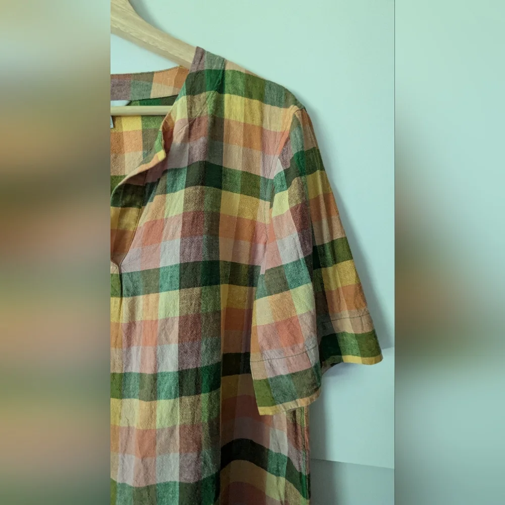 L.L. Bean Signature Medium Linen Blend Splitneck Shirt, "Beeswax" Plaid - Picture 5 of 12